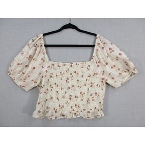 Floral Smocked‎ Puff Sleeve Crop Top Cream Brown Square Neck Boho Cottagecore